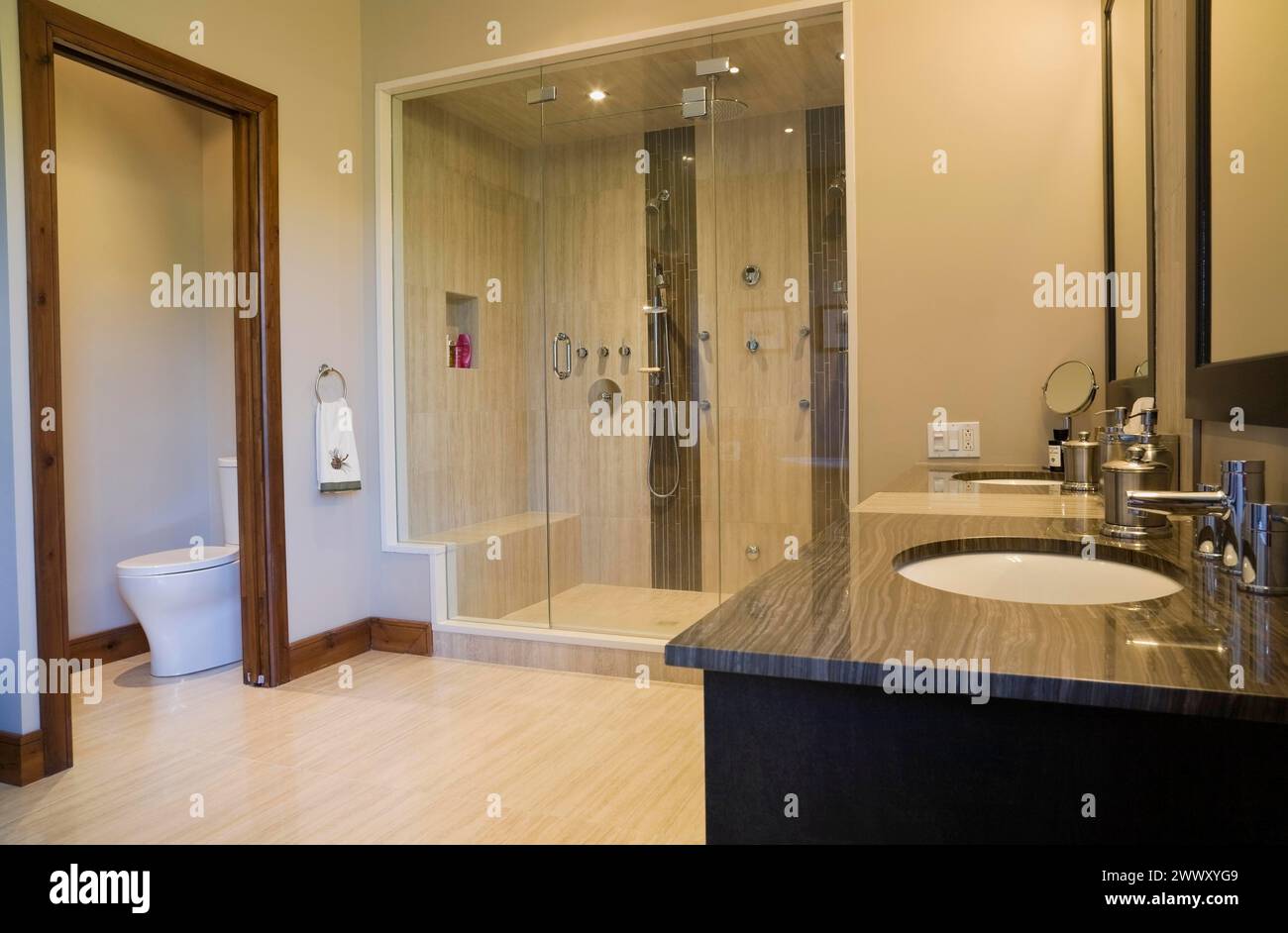 Hauptbadezimmer mit Doppel-Dampfglas-Duschkabine, Kosmetikbereich und WC-Raum in Erweiterung im luxuriösen Blockhaus, Quebec, Kanada Stockfoto