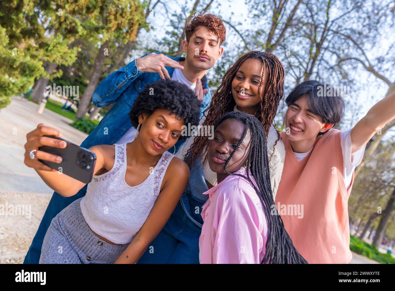 Dynamische Aufnahme einer Gruppe fröhlicher, multiethnischer Freunde, die gemeinsam Selfie im Park machen Stockfoto