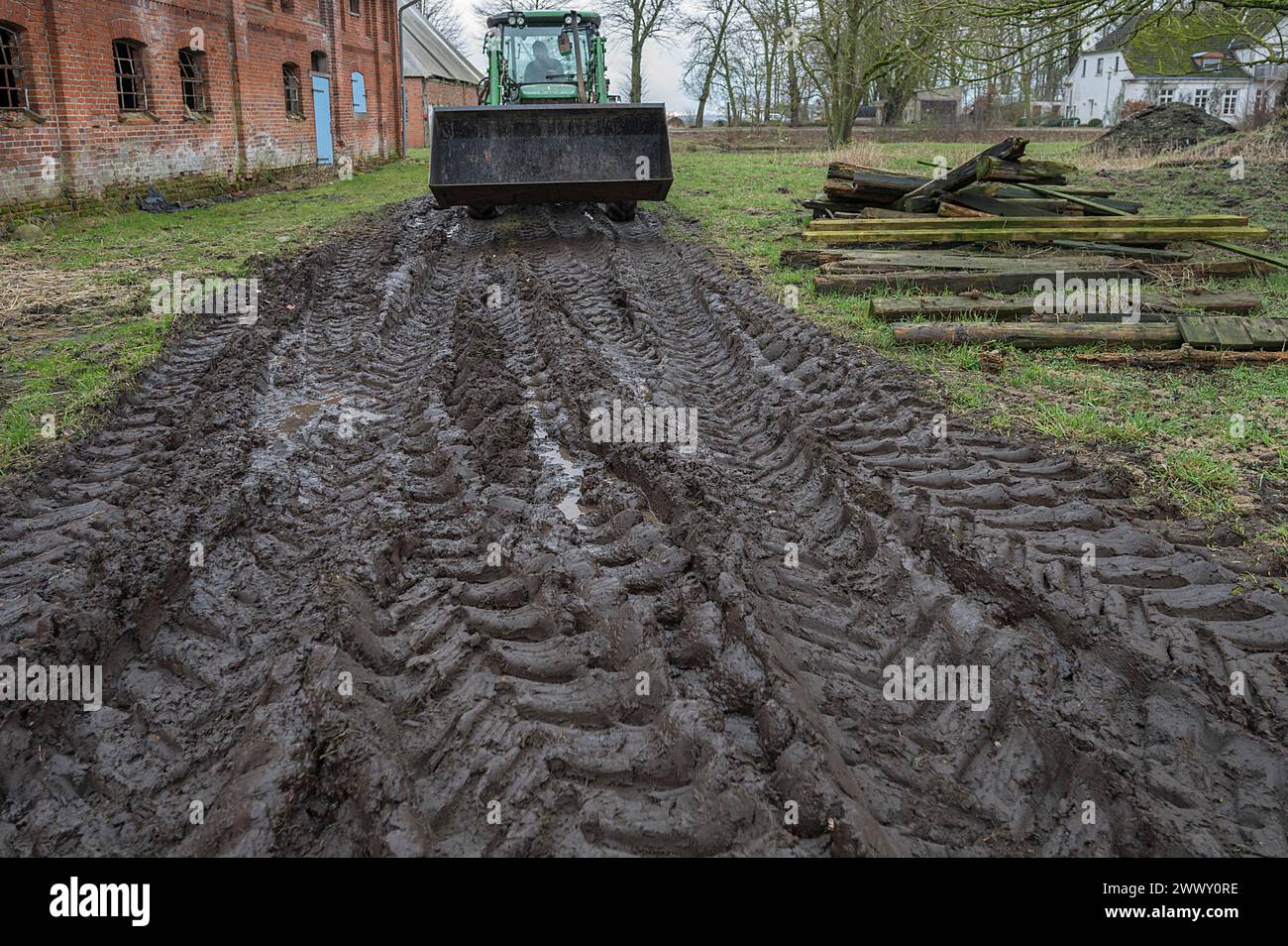 Reifenspuren in weichem Boden auf einem landwirtschaftlichen Betrieb in Mecklenburg-Vorpommern, Deutschland Stockfoto