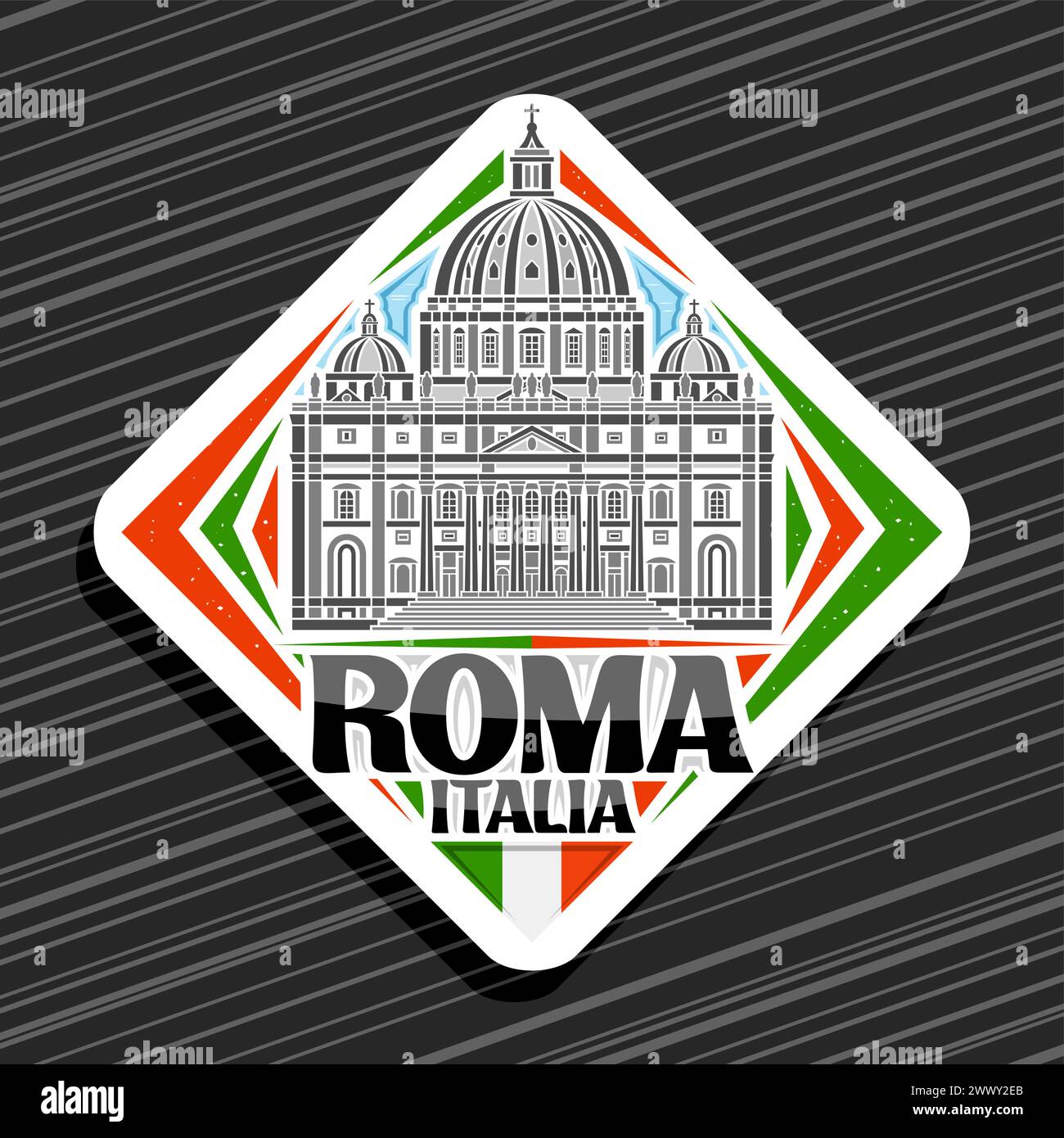 Vektor-Logo für Roma, weißes Rautenschild mit Linienillustration der berühmten majestätischen roma-Petersbasilika auf Tageshimmel-Hintergrund, dekoratives städtisches Re Stock Vektor