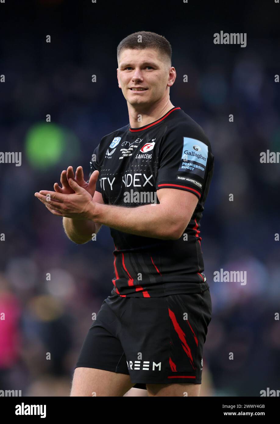 Aktenfoto vom 23.03.2024 von Saracens' Owen Farrell, dessen perfekte Balance zwischen einem kühlen Kopf und einer intensiven körperlichen Leistung Saracens durch das Ende der Saison führen kann, so Mark McCall, Direktor von Rugby. Ausgabedatum: Dienstag, 26. März 2024. Stockfoto