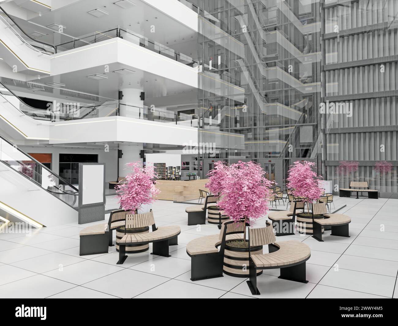 Rolltreppen im modernen Einkaufszentrum. 3D-Design-Rendering Stockfoto