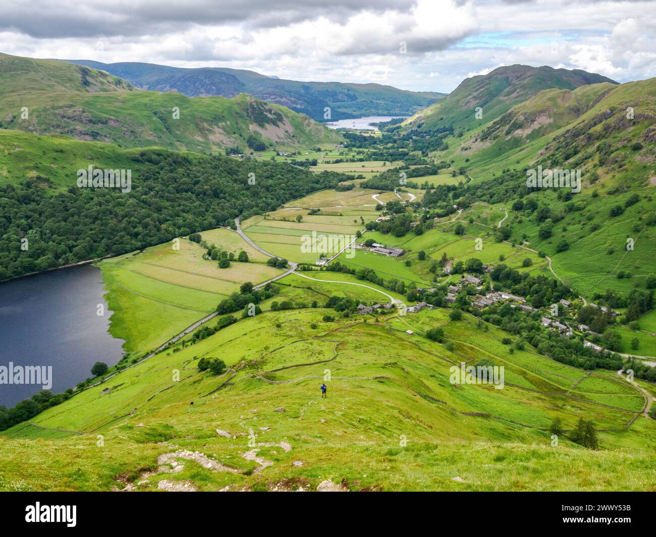 Blick auf Ullswater von den steilen Hängen des Hartsop Dodd im Cumbrian Lake District UK mit Brothers Water darunter Stockfoto