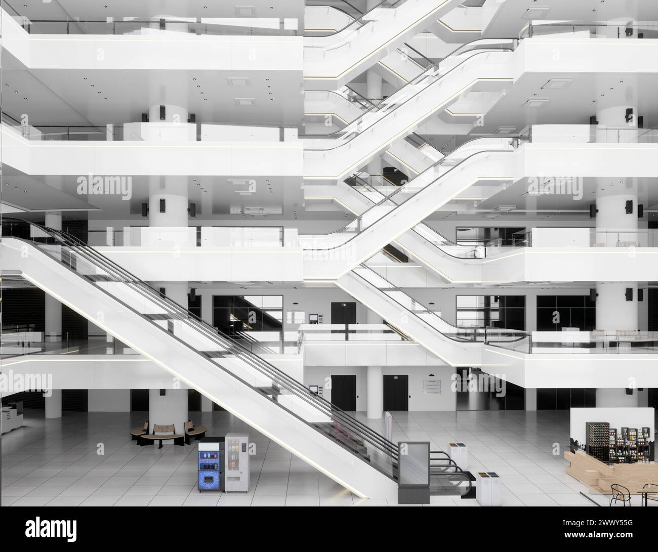 Rolltreppen im modernen Einkaufszentrum. 3D-Design-Rendering Stockfoto