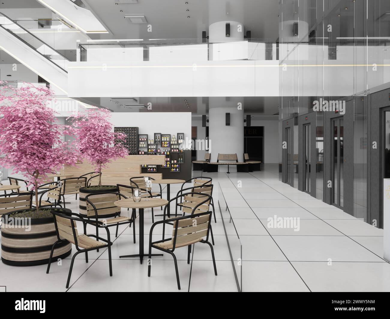 Rolltreppen im modernen Einkaufszentrum. 3D-Design-Rendering Stockfoto