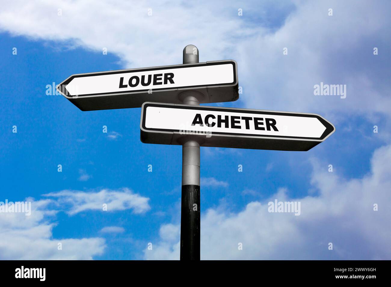 Zwei Richtungsschilder, eines nach links und das andere nach rechts, mit französischer Schrift: Louer / acheter, was auf Englisch bedeutet: Miete / Stockfoto