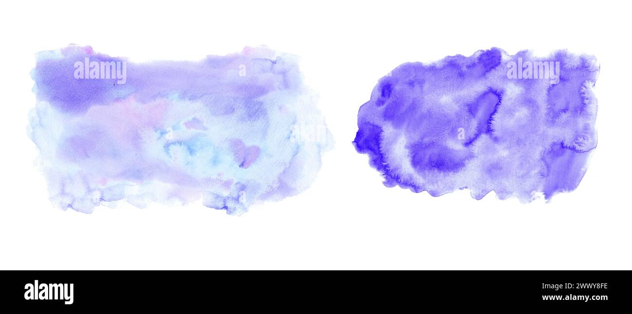 Abstrakte Aquarellflecken. Navy Violett spritzt auf dem Papier. Aquarellstruktur. Handgezeichnete Illustration für Karte, Design, Hintergründe Stockfoto