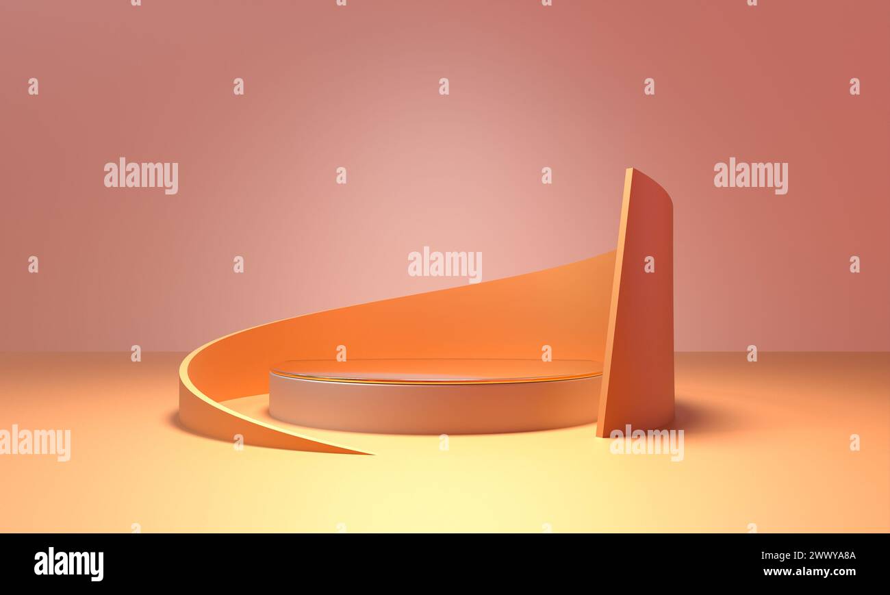 3D gerendertes minimalistisches orangenes Podium. Perfekt für Produktdisplays Stockfoto