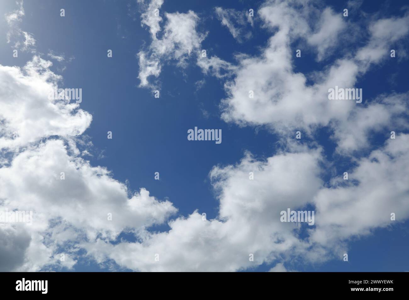 Flauschige weiße Wolken am blauen Himmel Stockfoto