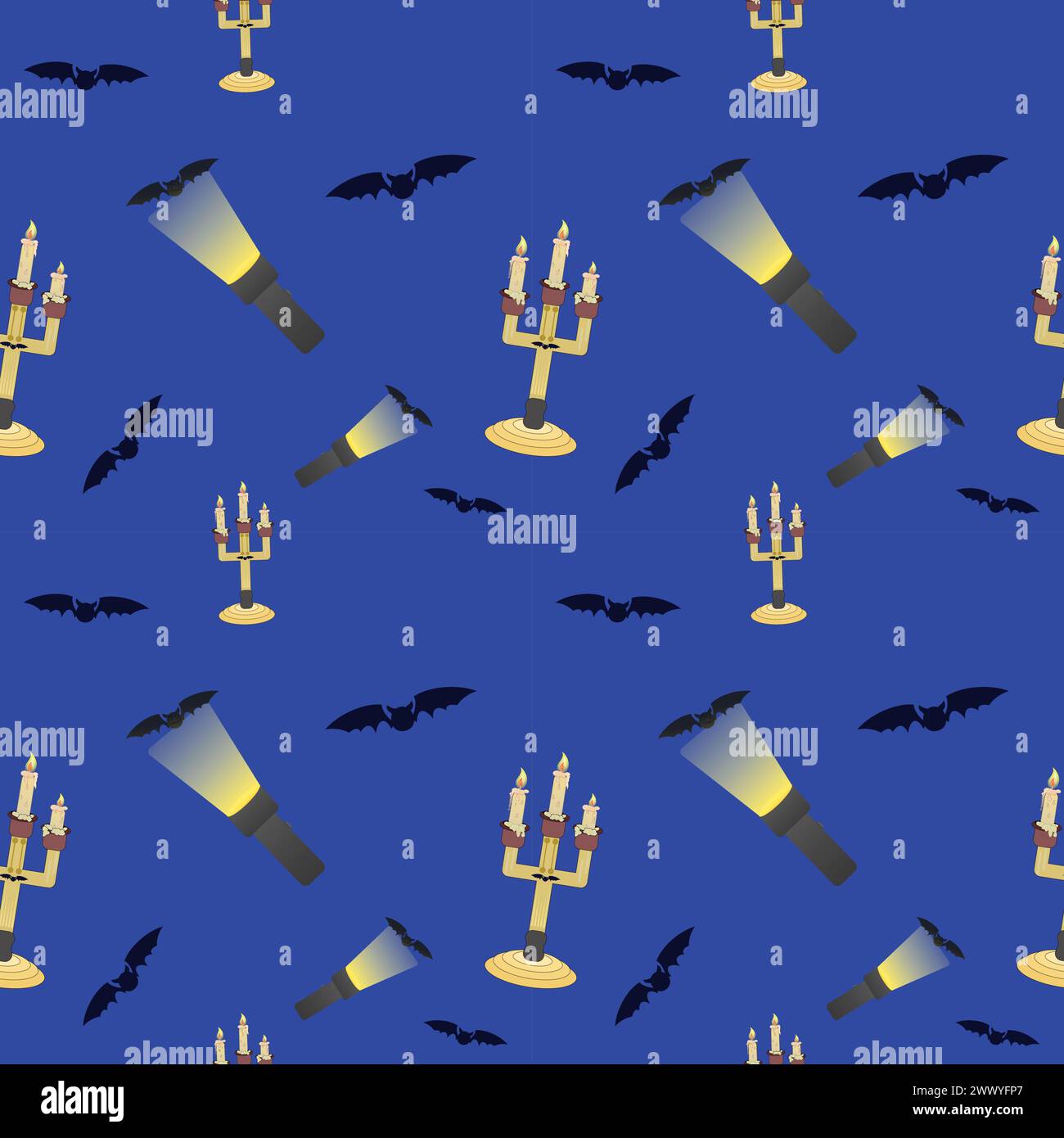 Fledermäuse, Laternen und Kandelaber auf blauem Hintergrund, Halloween. Vektorfarbmuster Stock Vektor