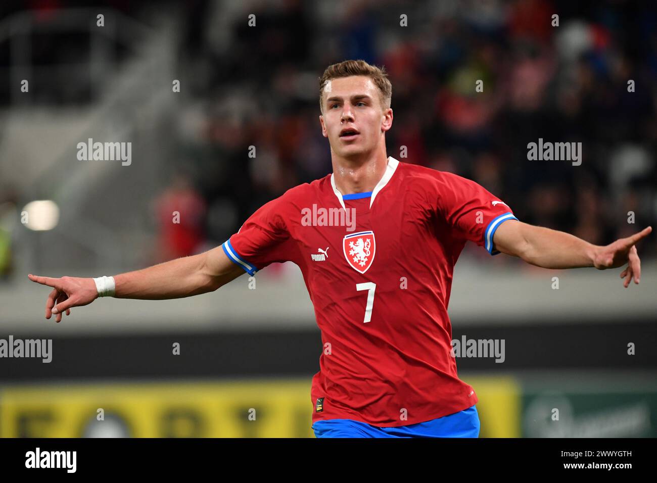 Hradec Kralove, Tschechische Republik. März 2024. DANIEL FILA aus Tschechien feiert zwei Tore beim UEFA Under21-Spiel zwischen Tschechien und Island im Hradec Kralove in Tschechien. (Kreditbild: © Slavek Ruta/ZUMA Press Wire) NUR REDAKTIONELLE VERWENDUNG! Nicht für kommerzielle ZWECKE! Stockfoto