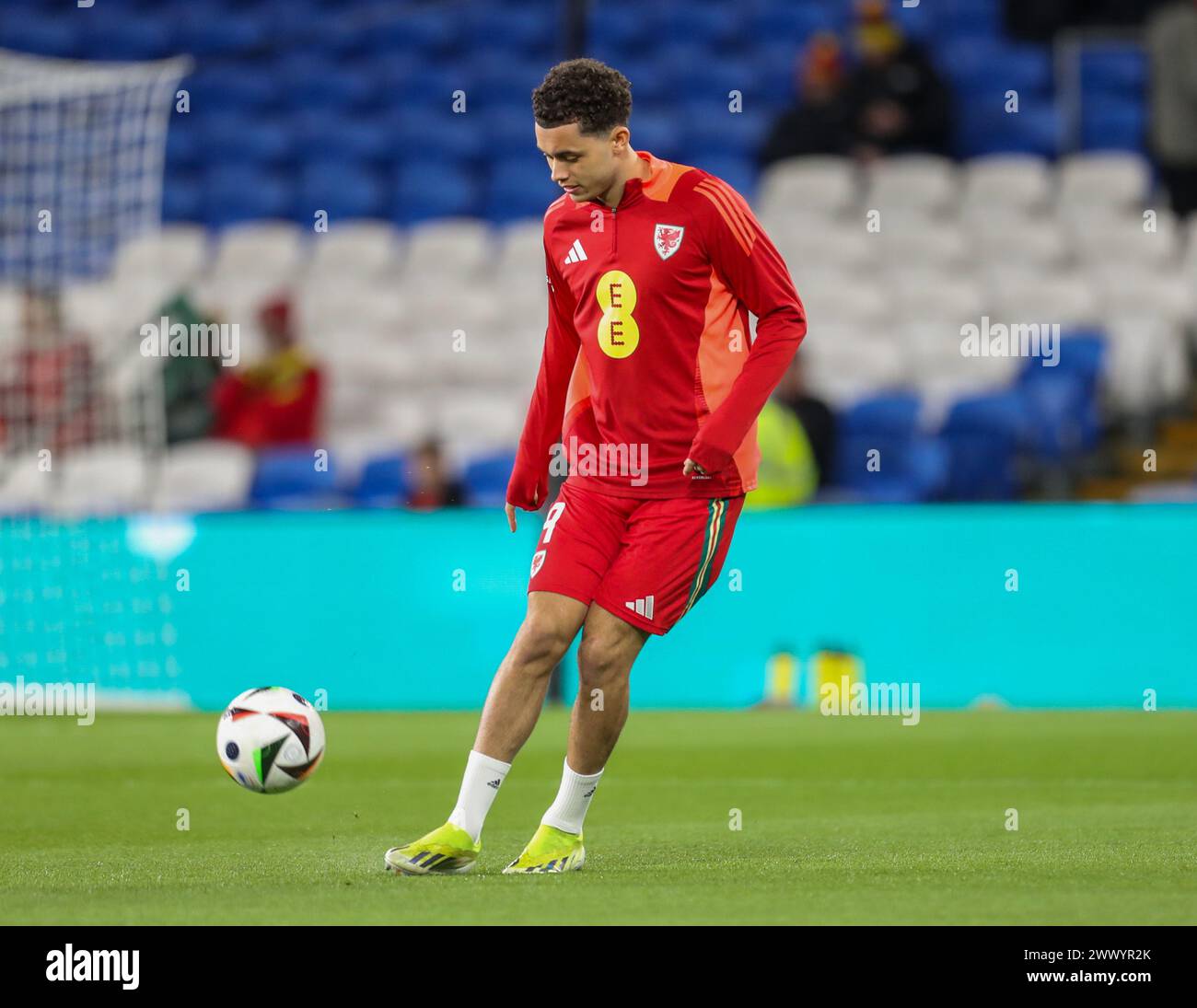 Cardiff City Stadium, Cardiff, Großbritannien. März 2024. UEFA Euro Qualifying Play Off Football, Wales gegen Polen; Brennan Johnson of Wales während des warm Up Credit: Action Plus Sports/Alamy Live News Stockfoto