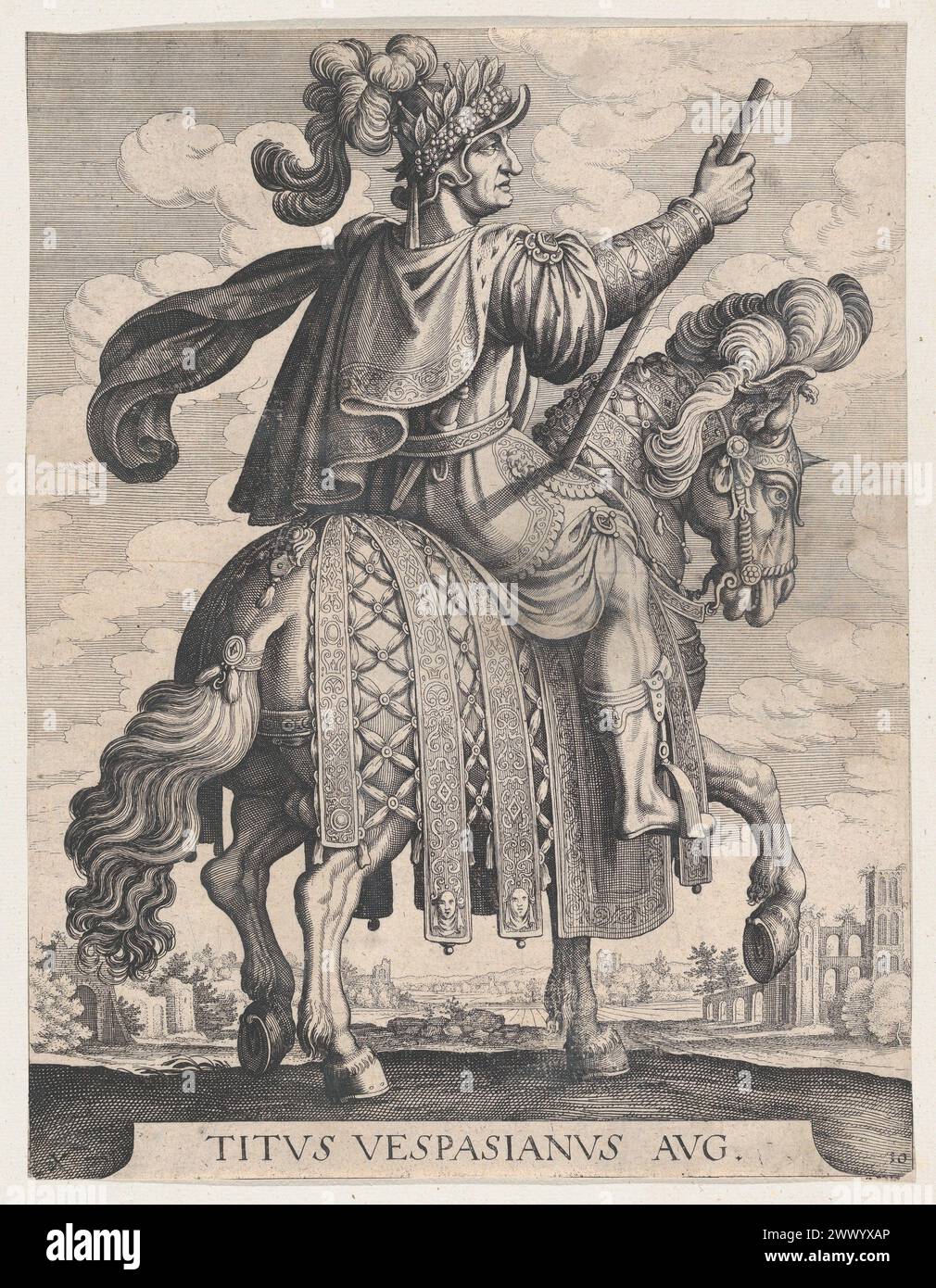 Kaiser Titus zu Pferd, aus den ersten zwölf römischen Cäsaren nach Tempesta Matthäus Merian dem Älteren 1610–50 Stockfoto