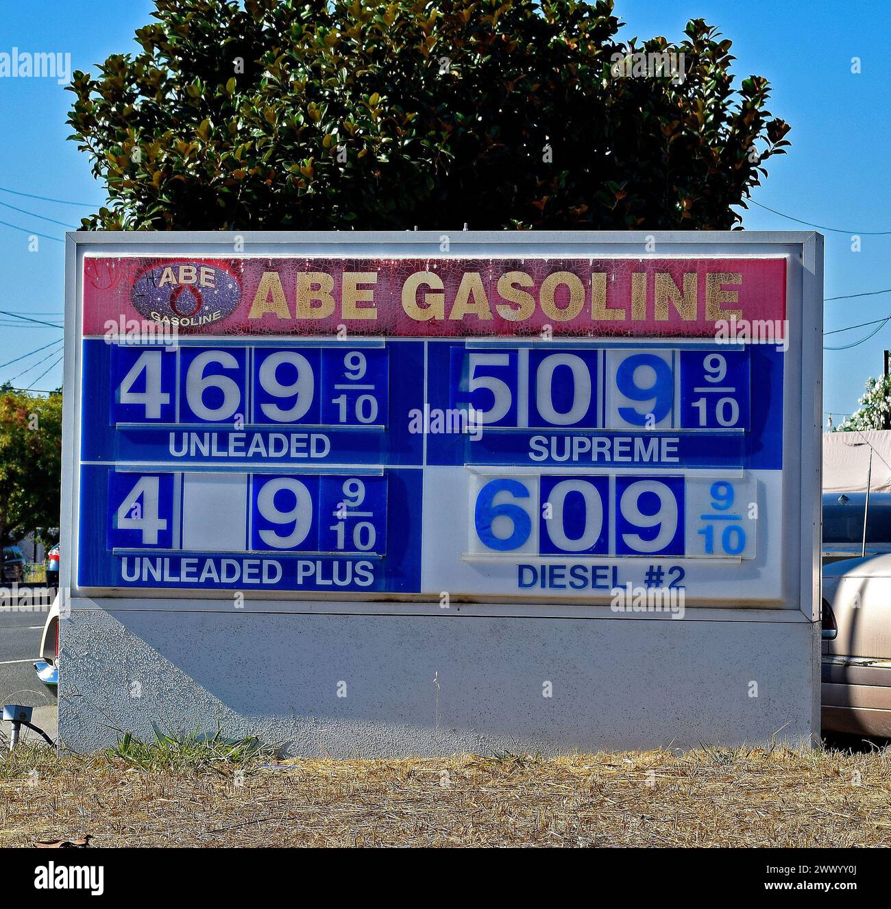 Gas, Preise, Schild, Abe Benzin, Abe, Benzin, Benzin, Kraftstoff, bleifrei, Diesel, Station, Hayward, Kalifornien, USA, USA, Amerikanisch Stockfoto