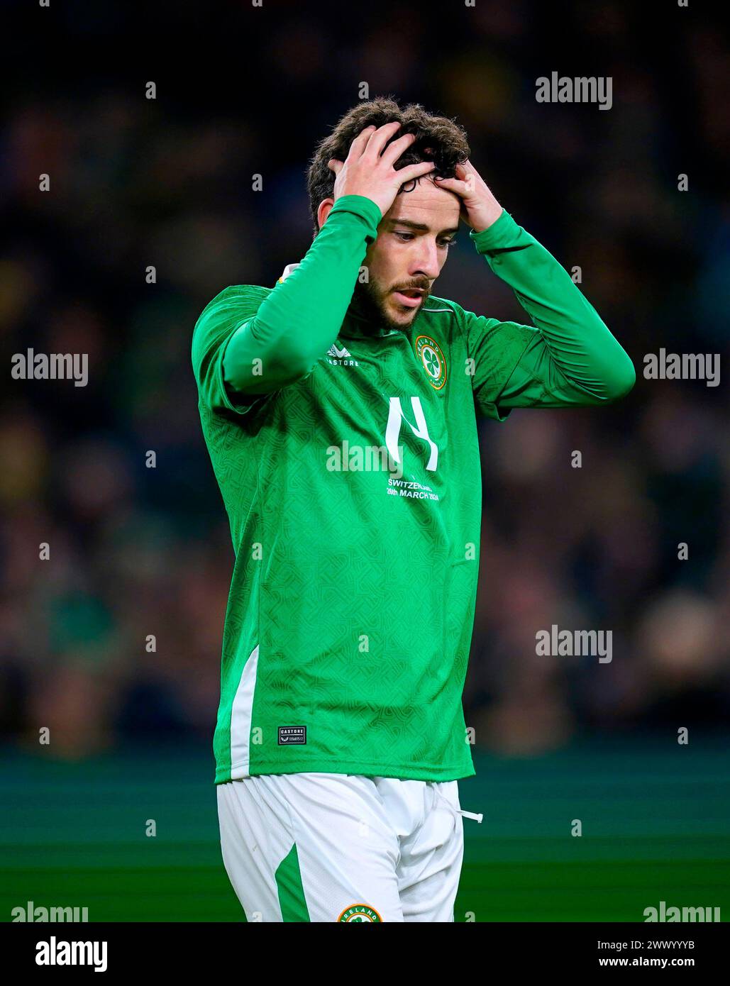 Mikey Johnston der Republik Irland verpasst eine Chance während eines internationalen Freundschaftsspiels im Aviva Stadium in Dublin. Bilddatum: Dienstag, 26. März 2024. Stockfoto