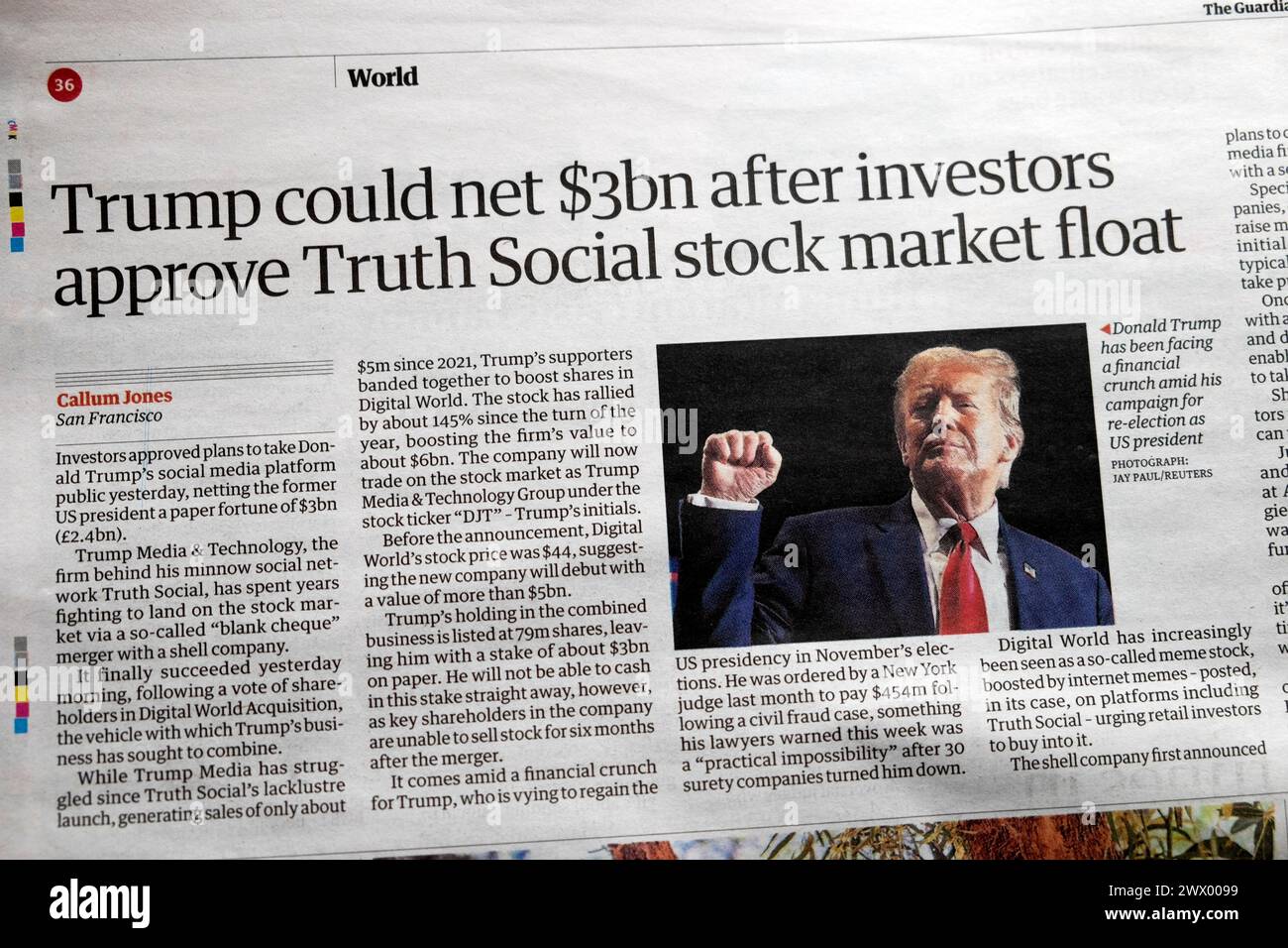 Donald 'Trump könnte 3 Milliarden Dollar netto machen, nachdem die Anleger Wahrheit gebilligt haben Social Stock Market Float' Guardian-Zeitung titelt US-geschäftsartikel 23. März 2024 Stockfoto