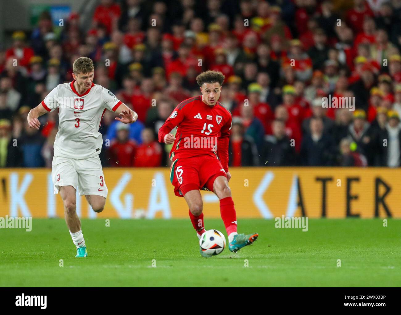 Cardiff City Stadium, Cardiff, Großbritannien. März 2024. UEFA Euro Qualifying Play Off Football, Wales gegen Polen; Ethan Ampadu aus Wales gibt den Ball unter Druck von Pawel Dawidowicz aus Polen. Credit: Action Plus Sports/Alamy Live News Stockfoto