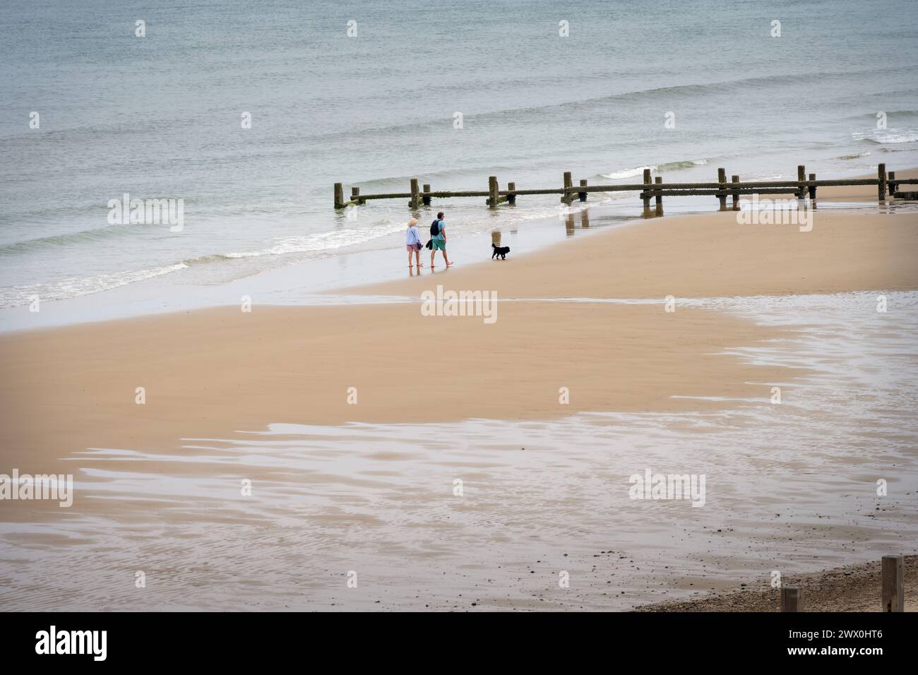 HAPPISBURGH, ENGLAND - 17. JUNI 2023: Zwei Menschen und ein Hund gehen am Strand Stockfoto