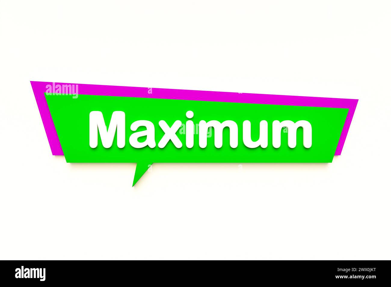 Maximales Maximum, farbige Zeichentrickblase, weißer Text. Nummer, größte, äußerste, größte, größte. 3D-Illustration Text Bubble J012 Maximum Stockfoto