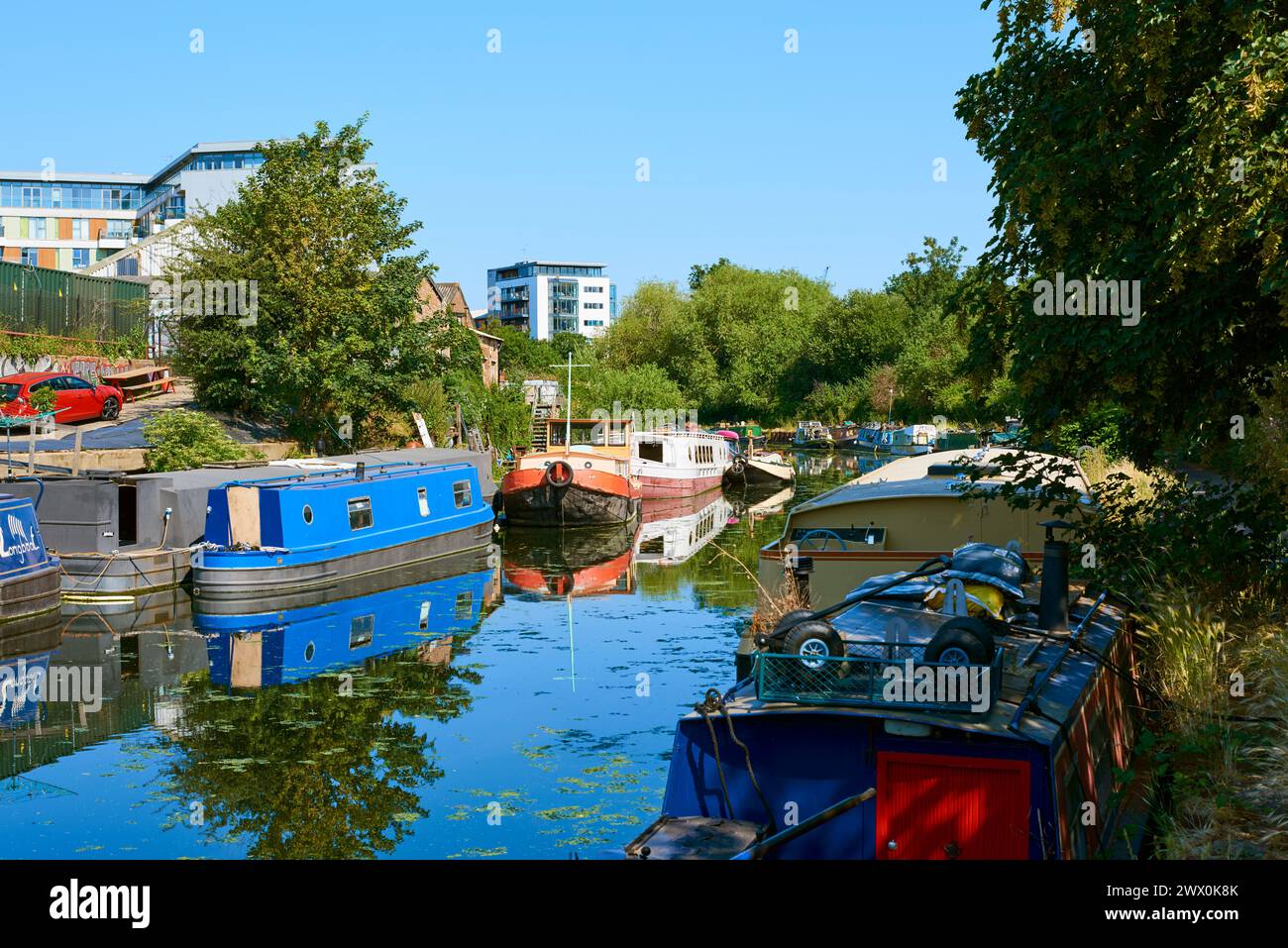Der Fluss Lea Navigation im Sommer, in der Nähe von Hackney Wick, London, Großbritannien, mit Schmalbooten Stockfoto
