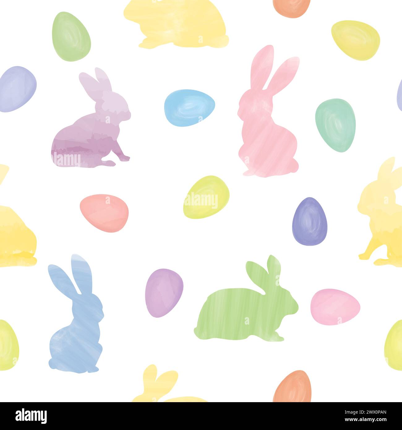 Ostern nahtloses sanftes Vektormuster mit Häschen und ostereiern über weißem Hintergrund. Osterferien Dekor für Website, Paket, Grußkarte des Stock Vektor