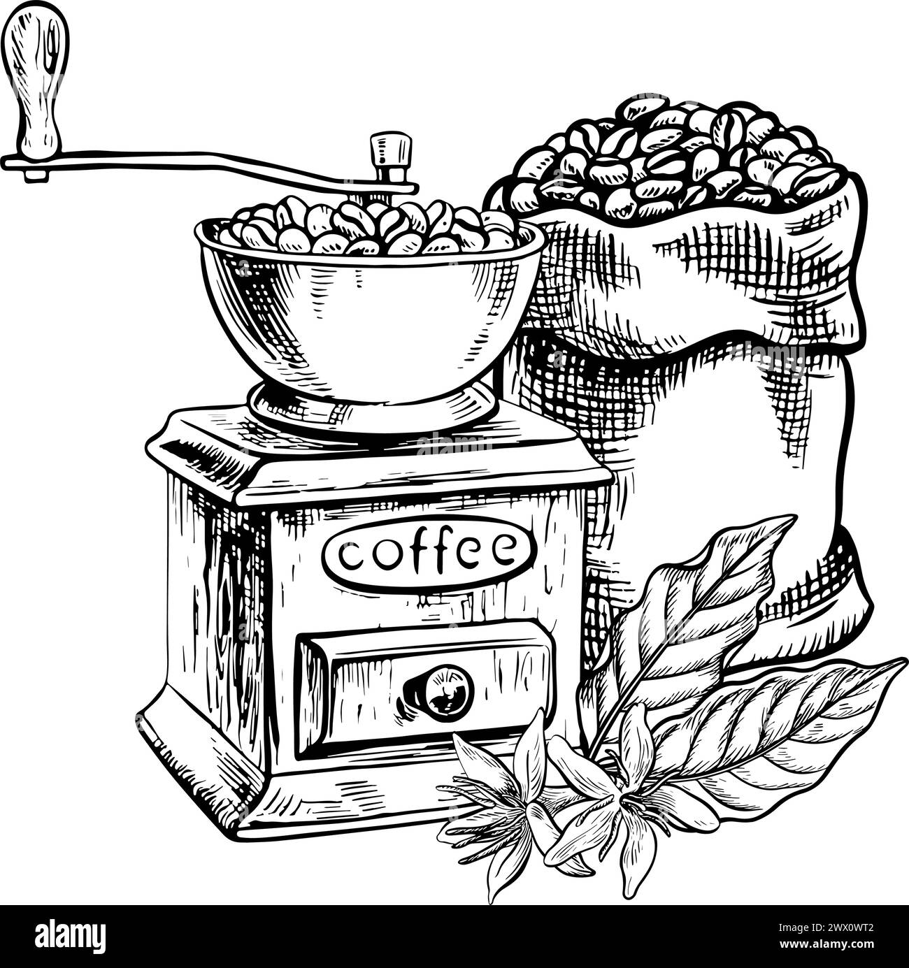 Die Kaffeemühle mahlt Kaffeebohnen. Ein Holzlöffel mit Kaffeebohnen. Vektor-Schwarzweiß-Illustration. Zum Drucken, Menüs, Post Stock Vektor