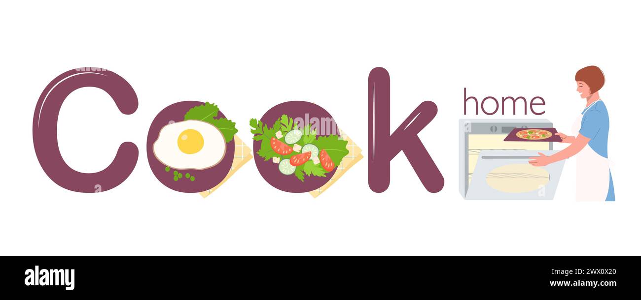 Kochen Sie Haus flache Komposition von Textsymbolen von Spiegeleiern Salat und weiblichen Charakter in der Nähe Herd Vektor Illustration Stock Vektor