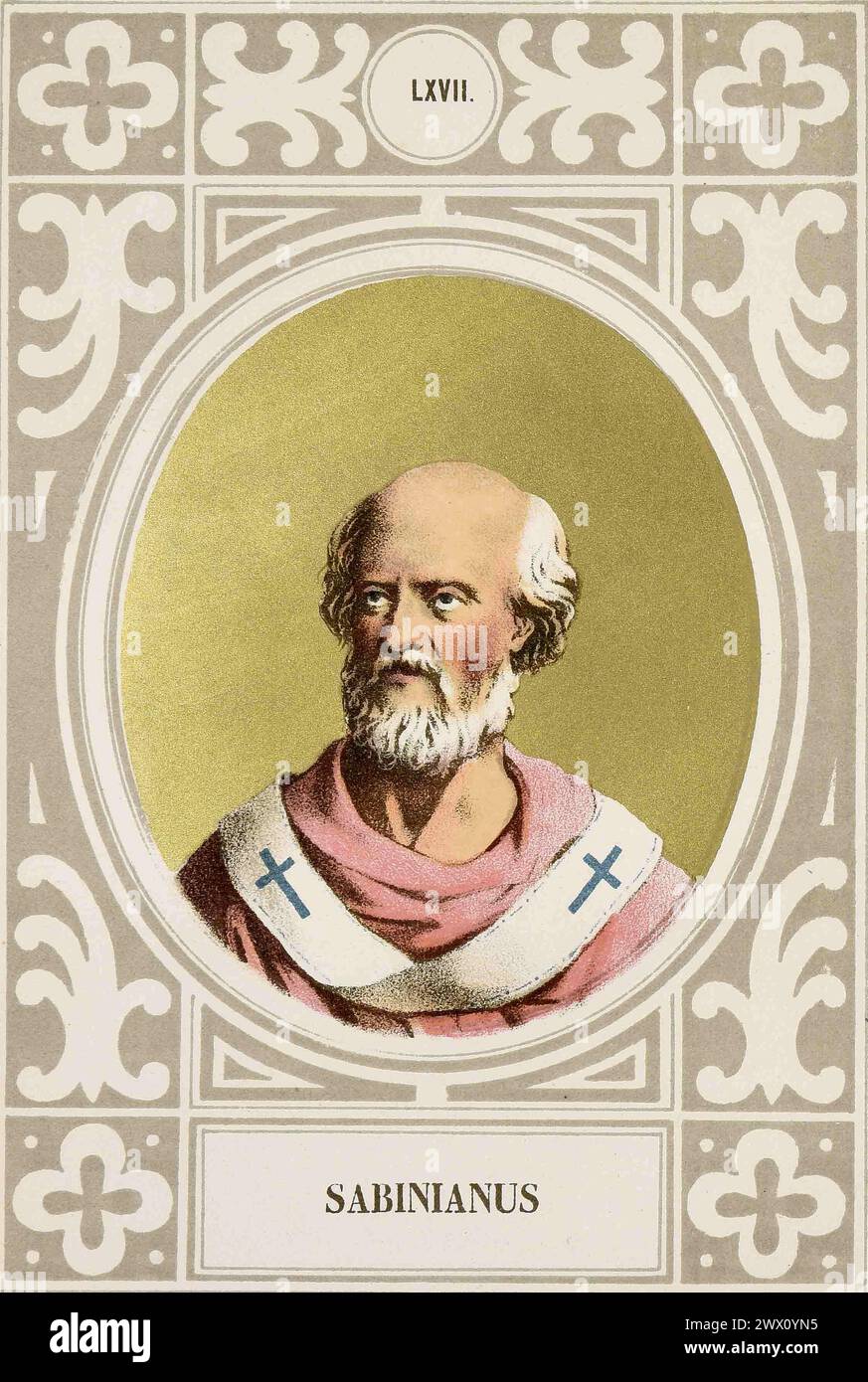 Ein Kupferstich von Papst Sabinius aus dem Jahr 1879, der von 604 bis 606 n. Chr. Pontiff war. Er war der 65. Papst. Stockfoto