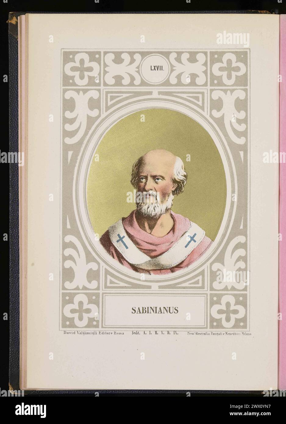 Ein Kupferstich von Papst Sabinius aus dem Jahr 1879, der von 604 bis 606 n. Chr. Pontiff war. Er war der 65. Papst. Stockfoto