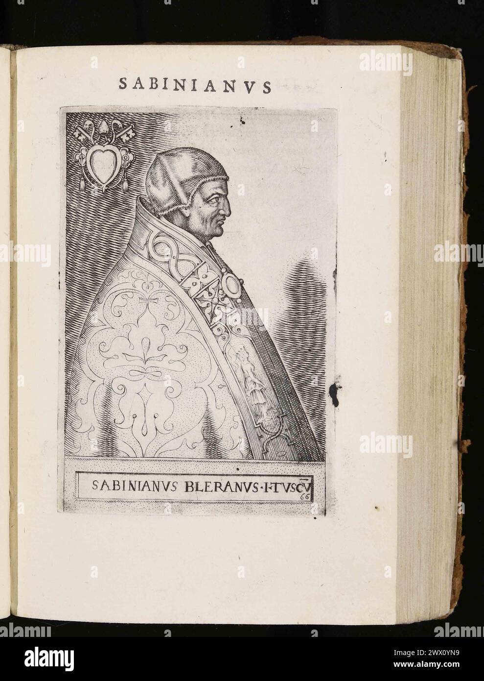 Ein Kupferstich von Papst Sabinian aus dem Jahr 1580, der von 604 bis 606 n. Chr. Pontiff war. Er war der 65. Papst. Stockfoto
