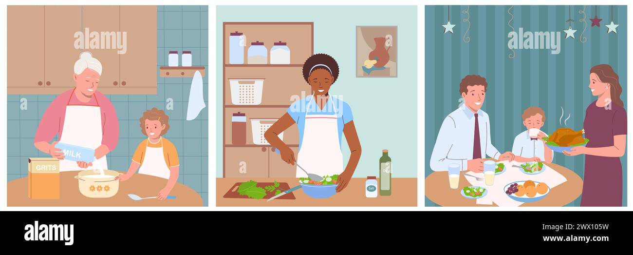 Cook Home Flat Set von isolierten quadratischen Kompositionen mit Kochen und Essen Familienmitglied Charaktere Vektor Illustration Stock Vektor