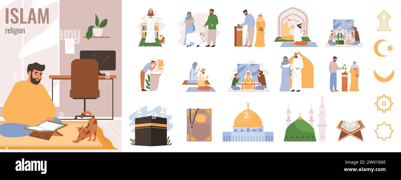 Islamische Religion flache Ikonen mit männlichem Gebet und religiösen Symbolen isolierte Vektor-Illustration Stock Vektor