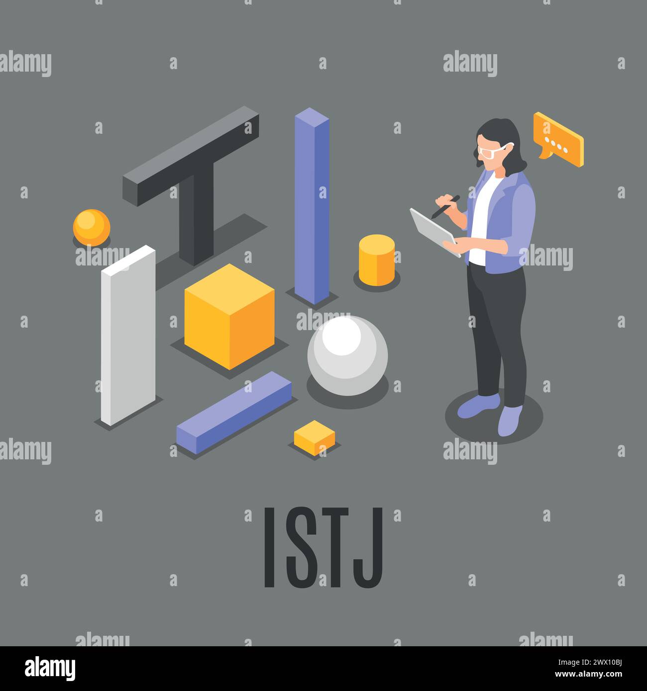 Istj mbti-Typ isometrische Komposition mit geometrischen Figuren und weiblicher Schrift auf Tablette auf grauer Hintergrund Vektorillustration Stock Vektor