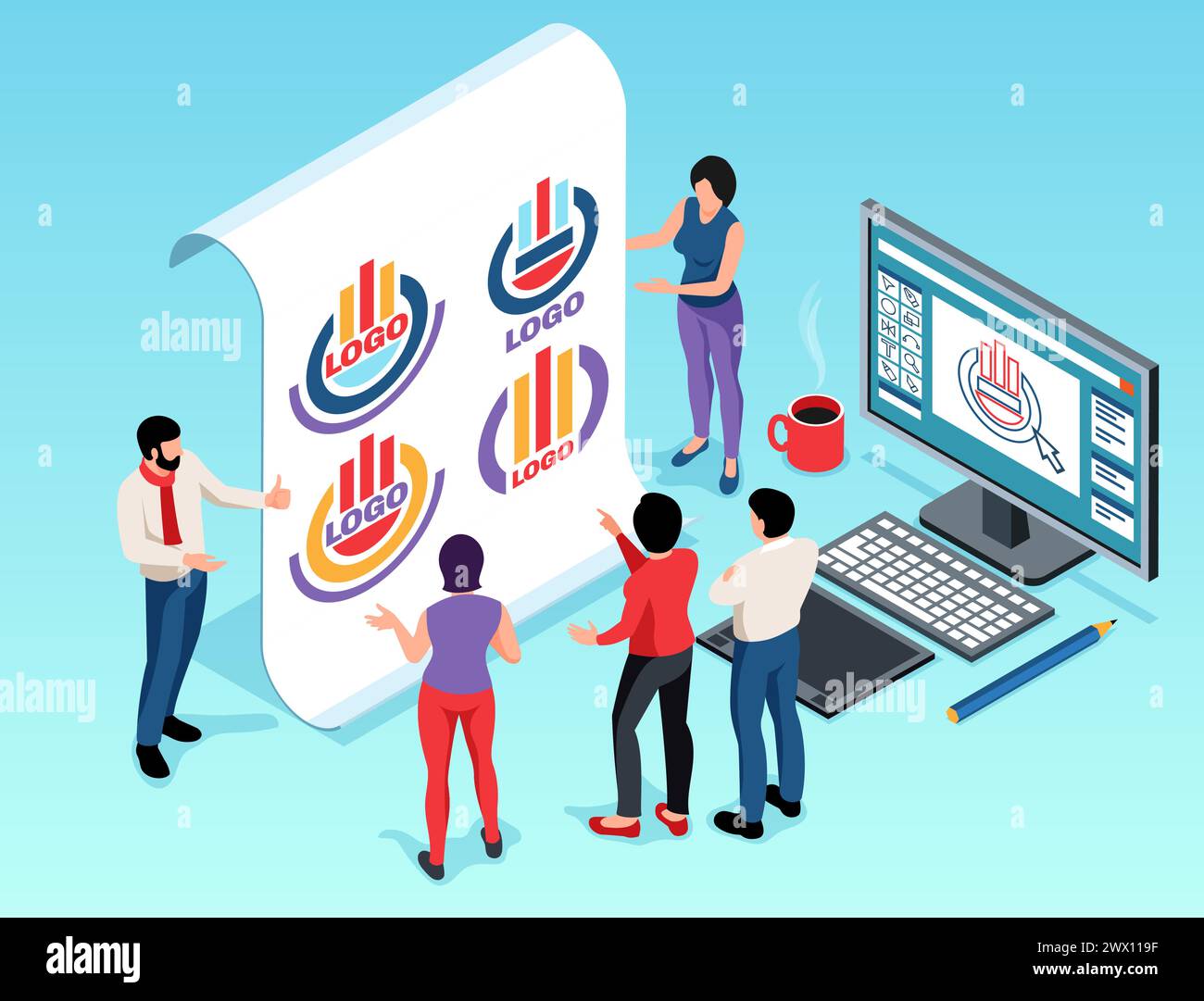 Design Studio isometrisches Konzept mit Team von Designern, die Logo 3D Vektor Illustration erstellen Stock Vektor