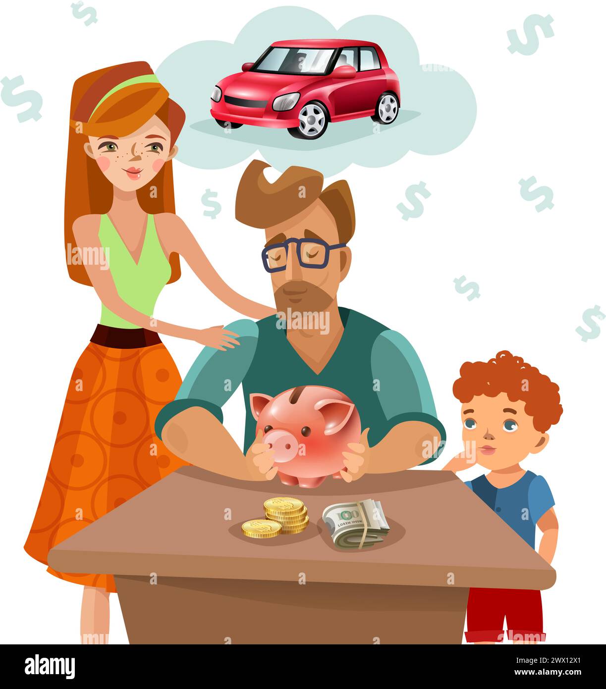 Home Budget-Planung mit Familie Einkommen Ausgaben und Ziel Geld sparen für Traum Kauf Konzept flache Vektor-Illustration Stock Vektor