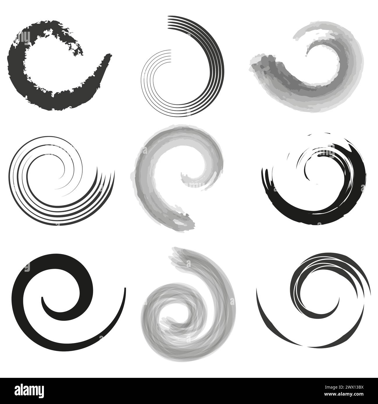 Verwirbelungsmuster festgelegt. Abstrakte Spiralelemente. Dynamische Wirbeldesigns. Vortex Shapes Kollektion. Vektorabbildung. EPS 10. Stock Vektor