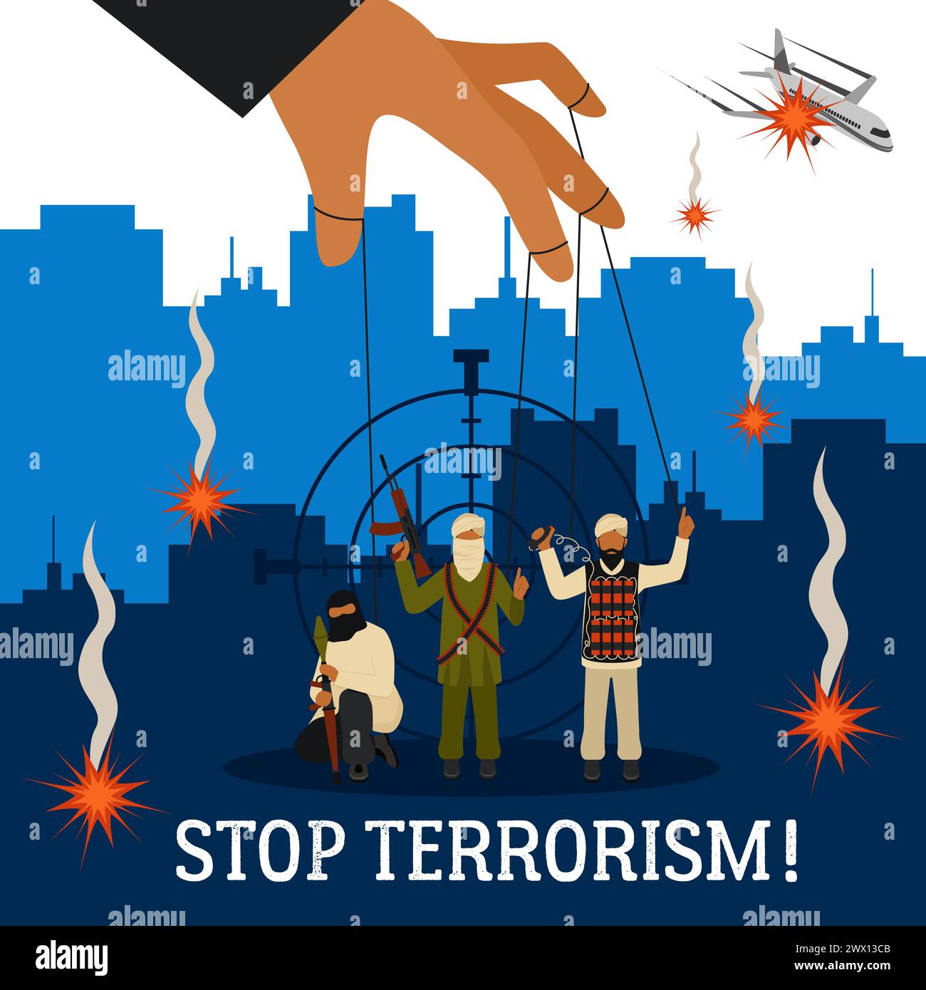 Stop Terrorismus Konzept mit Stadtflugzeug und Marionette Terroristen flache Vektor-Illustration Stock Vektor