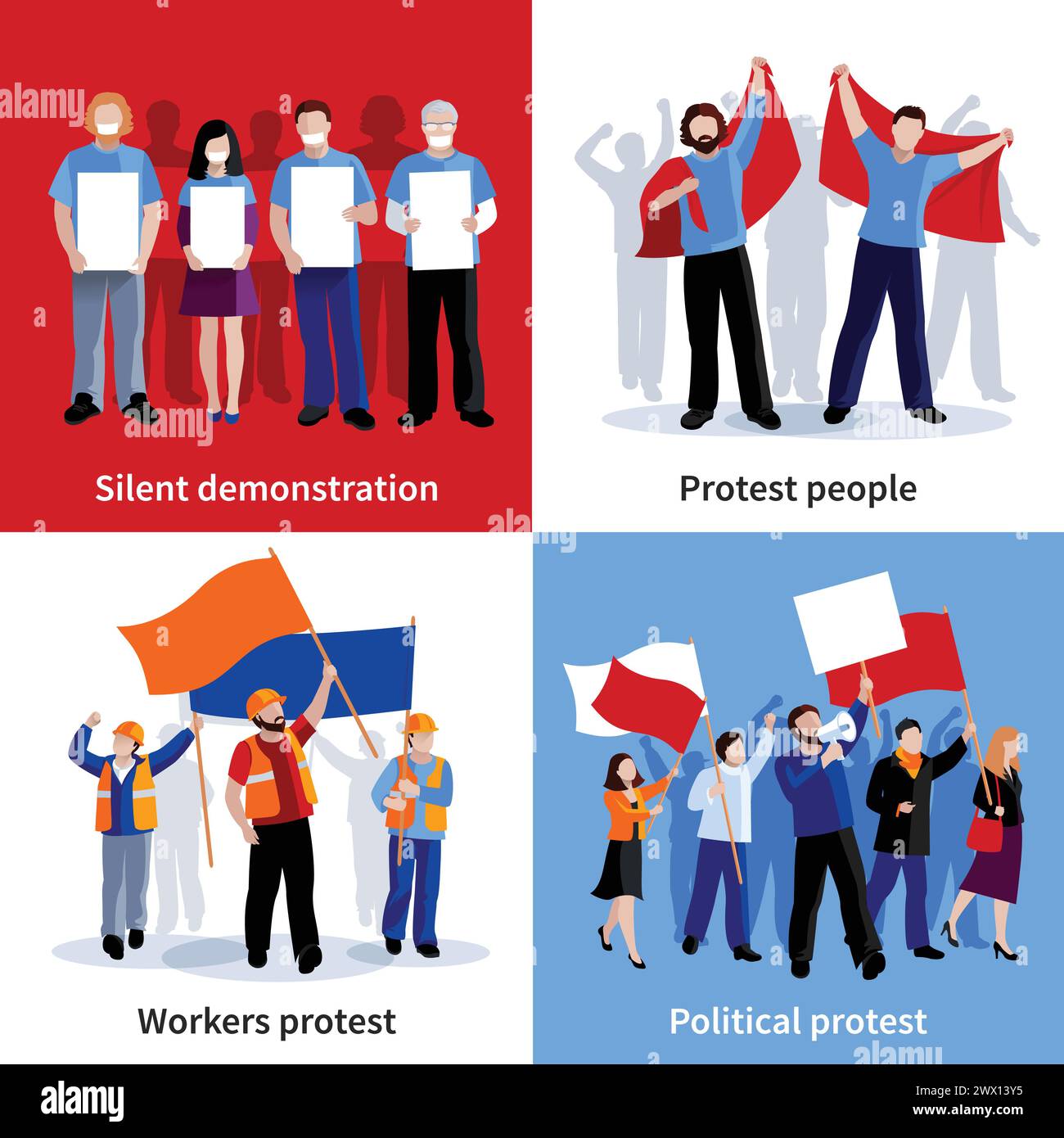Stumme Demonstration und politischer Protest Menschen mit Plakaten Megaphone und Fahnen 2x2 Icons setzen flache isolierte Vektor-Illustration Stock Vektor