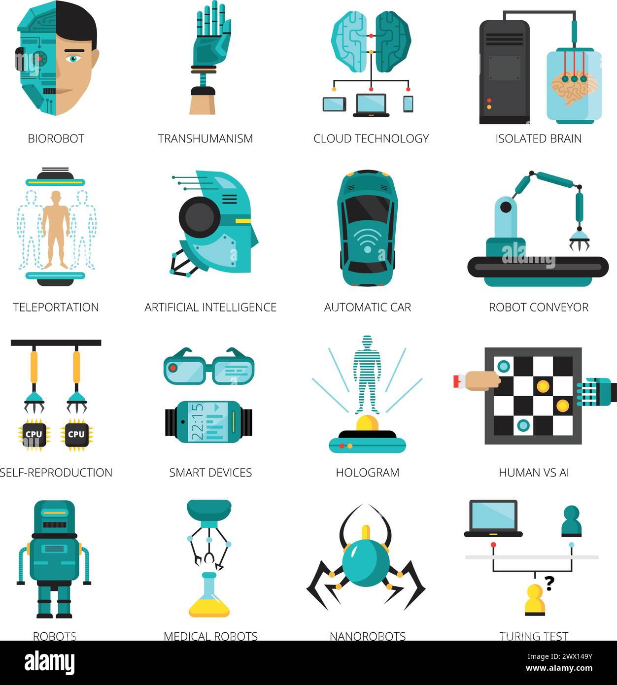 Farbige künstliche Intelligenz Icon Set mit Biorobot isoliert Gehirn Teleportation Hologramm und andere Technologien Vektor-Illustration Stock Vektor