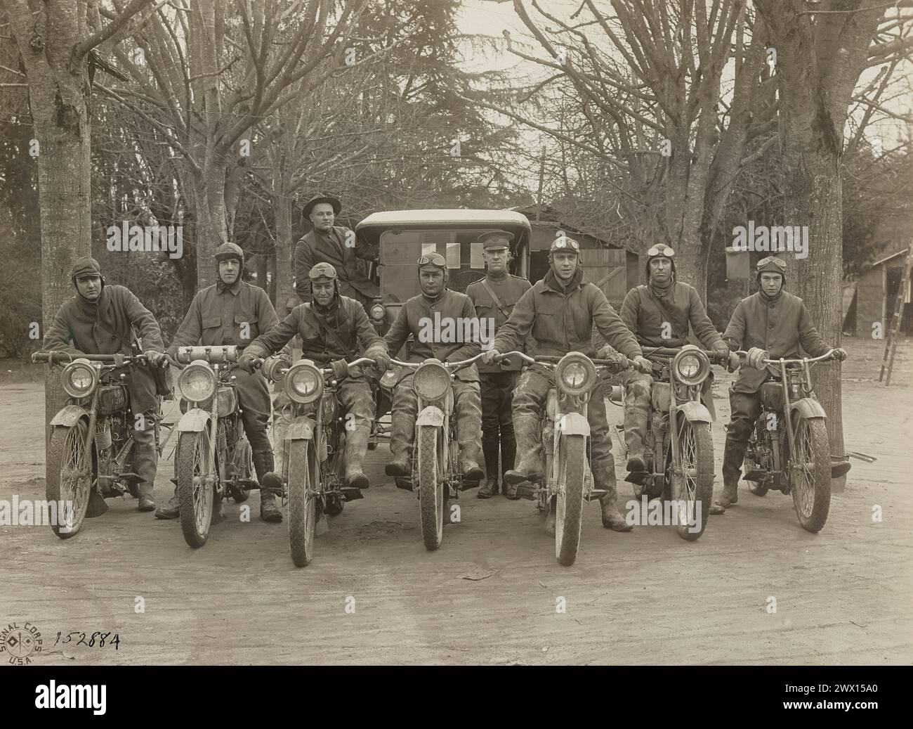 Signal Corps Motor Dispatch Motorradfahrer in Camp St. Aignan in Loir et Cher CA. 1919 Stockfoto