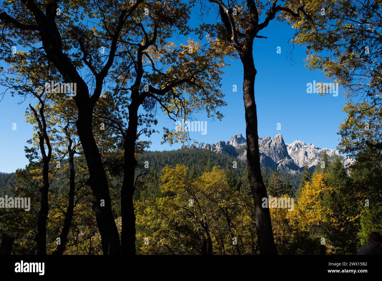 Blick auf Castle Crags vom Castle Crags State Park im Norden Kaliforniens in der Nähe des Mt. Shasta. Stockfoto