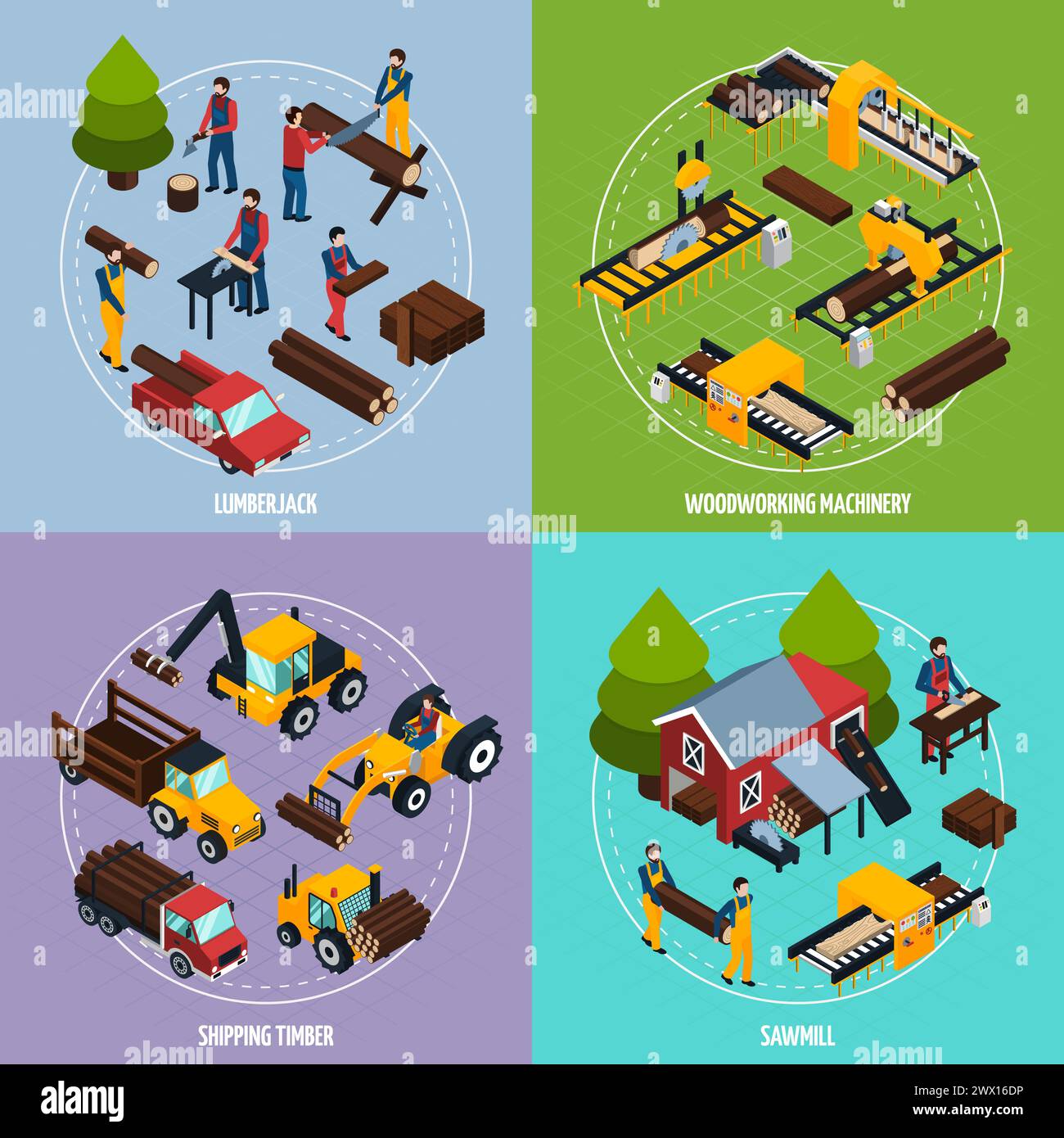 Sägewerk 2x2 Design-Konzept Satz von arbeitenden Holzfällern Holzversand und Holzbearbeitungsmaschinen quadratische Kompositionen isometrischen Vektor Illustration Stock Vektor