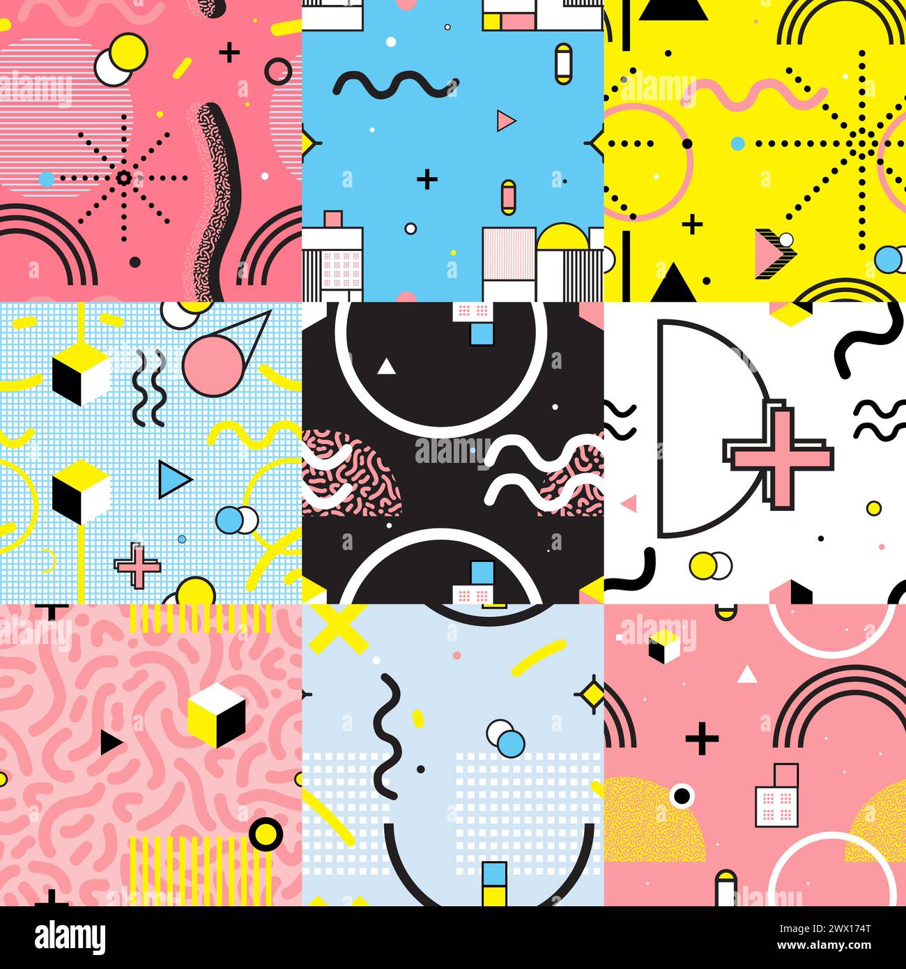 Satz von bunten nahtlosen Mustern im memphis-Stil mit welligen Linien und geometrischen Figuren isoliert Vektor-Illustration Stock Vektor