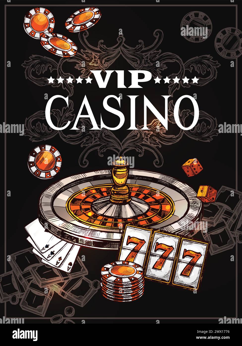 VIP Casino Poster mit Roulette Rad Karten für Poker spielen Chips Würfel und Jackpot-Symbole in Sketch Stil Vektor Illustration Stock Vektor