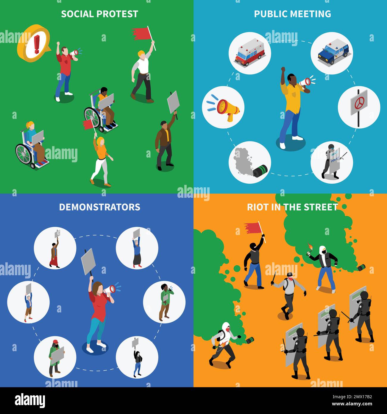 Friedliche soziale und politische Proteste Kundgebungen und Unruhen 4 isometrische Ikonen quadratisches Plakat abstrakte isolierte Vektor-Illustration Stock Vektor