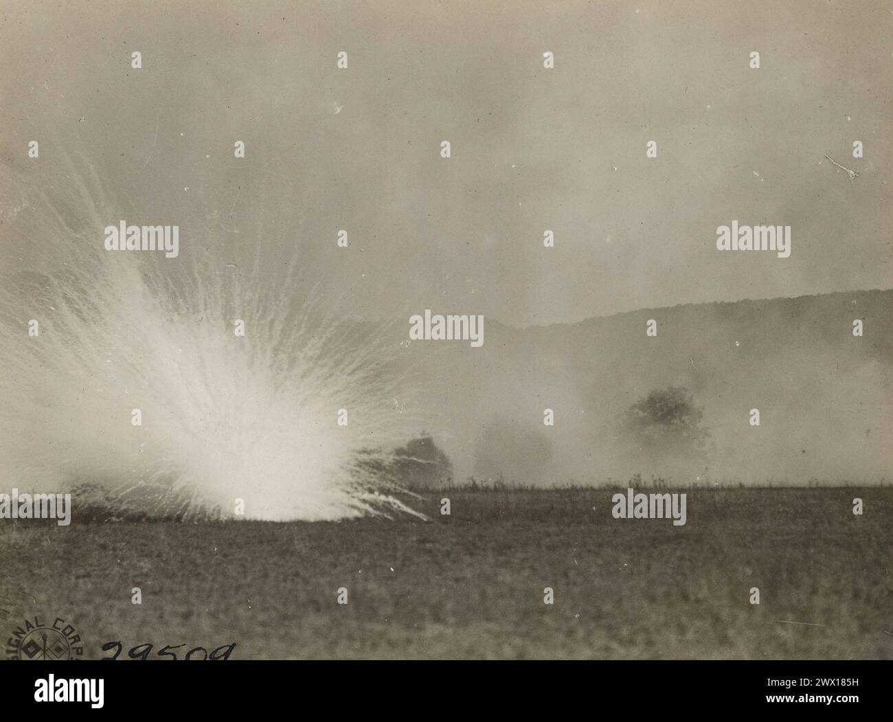 Fotos des Ersten Weltkriegs: Handgrengde-Explosion für einen Rauchschirm; 78. Division, Argonne Forest, nahe Beaucamp, Frankreich ca. 1918 Stockfoto