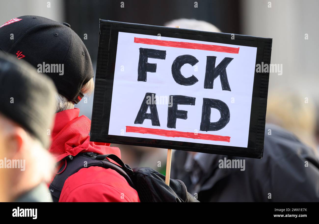 Pirna, Deutschland. März 2024. Ein Teilnehmer einer Demonstration der Kampagnenallianz „Pirna ist bunt“ unter dem Motto „alle zusammen für Solidarität und Offenheit“ steht mit einem Schild „FCK AFD“ auf dem Marktplatz. Der Grund für den Protest ist die Vereidigung des neuen Bürgermeisters von Pirna. Der parteilose Kommunalpolitiker kandidierte bei der Wahl für die AfD und wurde im Dezember 2023 im zweiten Wahlgang in den Bürgermeistersitz gewählt. Robert Michael/dpa/Alamy Live News Stockfoto