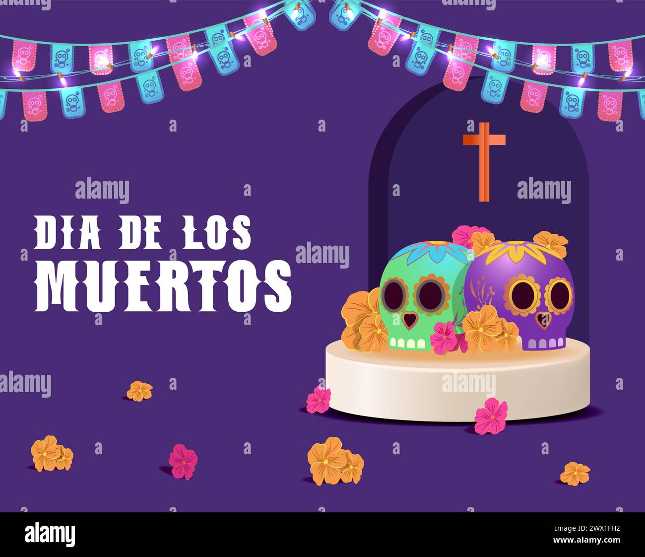 Dia de los muertos bedeutet Tag der Toten. Mexikanisches Feiertagsfest Vorlage Banner Vektor Illustration. Stock Vektor