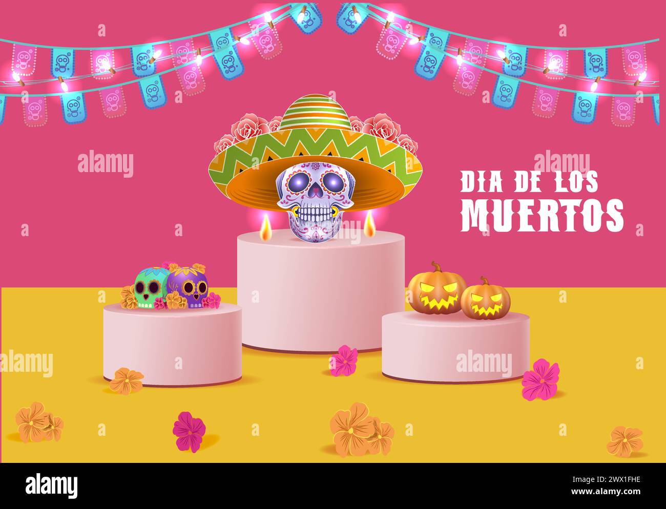 Dia de los muertos bedeutet Tag der Toten. Mexikanisches Feiertagsfest Vorlage Banner Vektor Illustration. Stock Vektor
