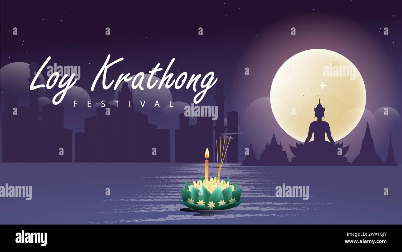 Loy krathong Festival Reise Thailand Poster Design Hintergrund Vektor Illustration. Chao Phraya Fluss Heiliger Ort in Thailand Hintergrund. Stock Vektor